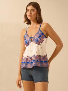 CAJUNI Camiseta sin mangas estilo vacacional sexy con escote en V profundo, estampado floral y degradado azul tropical, para mujer, estilo bohemio