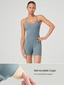 GLOWMODE 6" FeatherFit™-Air Studio To Sunset Plunge Crossover Back Deep V-Neck Active Jumpsuit Romper Yoga Pilates Removable Cups - Grey - View 2