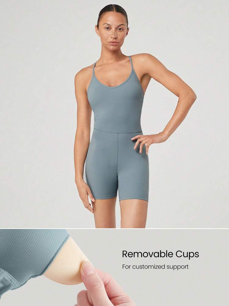 6" FeatherFit™-Air Studio To Sunset Plunge Crossover Back Deep V-Neck Active Jumpsuit Romper Low Impact Yoga Pilates Studio Daily Casual Wear Removable Cups