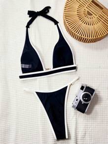 Swim SXY Black Deep V Halter Tie-Dye Contrast Pearl Detail Sexy Beach Bikini Set For Women For Summer Beach Vacation - Black and White - View 2