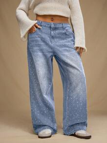SHEIN Forever 21 Jeans casuales de pierna ancha con bolsillos y adornos de strass para mujeres de talla grande