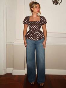 Glamine 春夏方领蕾袖经典缎面波点褶袖修身蕾丝下摆女式短袖衬衫