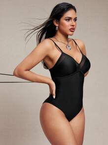 SHEIN Swim Costume da bagno intero con controllo addominale, realizzato in rete e pizzo, con lacci sulla schiena