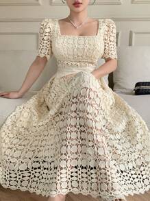 DAZY Vestido elegante de manga corta de longitud media con cuello cuadrado y encaje para damas - Beis - Ver 7