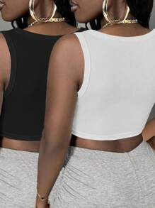 INAWLY Tank Top Pendek Rajut Rib Berpilin Bodycon Seksi - Hitam dan Putih - View 2