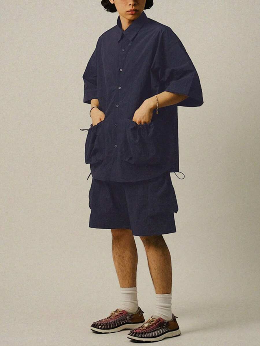 DAZY Men's Solid Color Black Casual Utility Shirt Set, Summer - Navy Blue - View 1