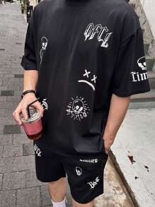 DAZY Maglietta nera da uomo con grafica astratta e scheletro estiva