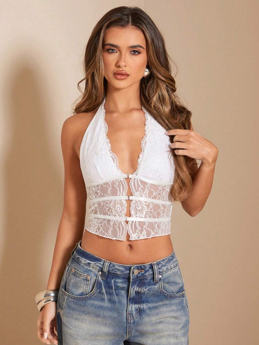 SHEIN BAE 女式黑色纯色蕾丝拼布无袖镂空短款背心，适合节日、约会、音乐节、音乐会 - 西部风、音乐会、狂欢、蕾丝上衣、性感上衣、外出上衣 - 白色 - 查看 1