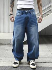 Manfinity EMRG Men's Loose Fit Wide Leg Casual With Pockets  Blue Jeans