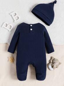 SHEIN 新生男婴睡衣，卡通长颈鹿和大象印花连体睡衣 - 藏蓝色 - 查看 2