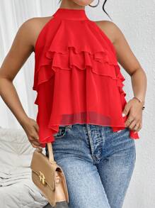 SHEIN Privé Halter Neck Loose Ruffled Asymmetrical Chiffon Blouse - Red - View 4