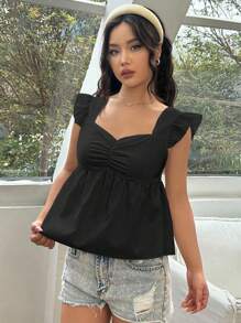 Lunelith SHEIN Lunessa Blusa de unicolor con textura, plisado en el pecho y escote de corazón con volante