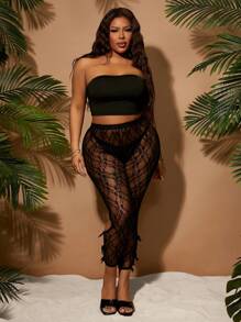 SHEIN SXY Leggings transparentes elásticos, talla grande, para mujer, para primavera y verano, con elegante, sexy y entallado diseño de encaje, corte en el tobillo, volantes y decoración de lazo - Negro - Ver 7