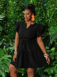 Slaydiva Nuevo vestido mini verde de talla grande con cuello redondo y en V, mangas de linterna con volantes, cintura elástica con moño, falda con volantes y vuelo para primavera/verano, casual, de vacaciones - M