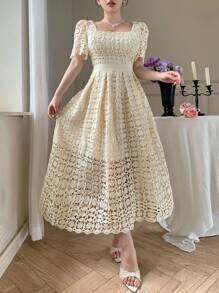 DAZY Vestido elegante de manga corta de longitud media con cuello cuadrado y encaje para damas - Beis - Ver 5