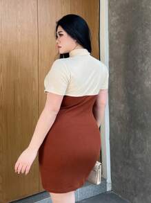 Dazy Plus Plus Size Women Contrast Color Patchwork 2 In 1 Lace-Up Mini Dress - Brown - View 2