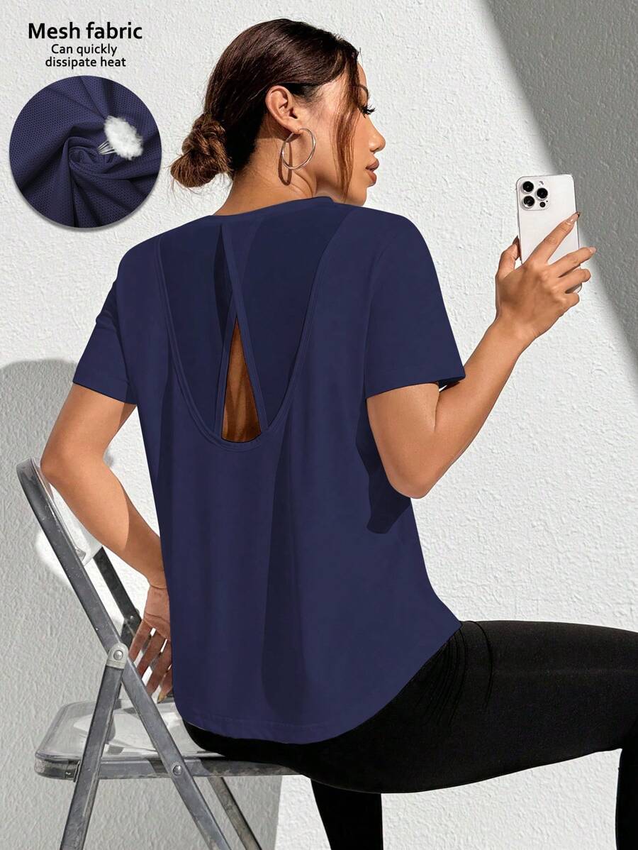 Gameset SHEIN Sport 拇指孔撞色撞色网眼插肩袖运动T恤健身背心健身房女式衬衫 - 藏蓝色 - 查看 1