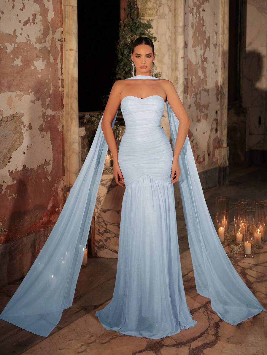 Glamrae Váy buộc dây hở lưng bằng vải tuyn bóng bồng bềnh cạp cao, viền đuôi cá, có thể điều chỉnh (Không dây, Đa năng), Váy dạ hội tinh tế, Trang trọng, Váy dự tiệc, Dành cho khách dự tiệc cưới - Màu xanh nhạt - Xem 1