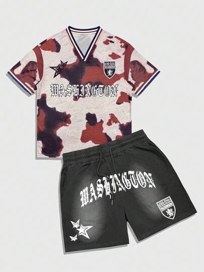 Men's Summer Jersey Casual V-Neck Short Sleeve T-Shirt And Shorts 2Pcs Set