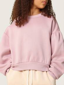 SUMWON Balloon Sleeve Pullover Sweatshirt Cozy Oversized Drop Shoulder Fall Winter Wear Casual Weekend Athleisure Streetwear - Pink - View 3