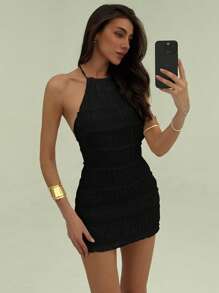 Aloruh Vestido mini ajustado con espalda descubierta, tiras para atar y volantes, vestido romántico para citas y vacaciones de verano
