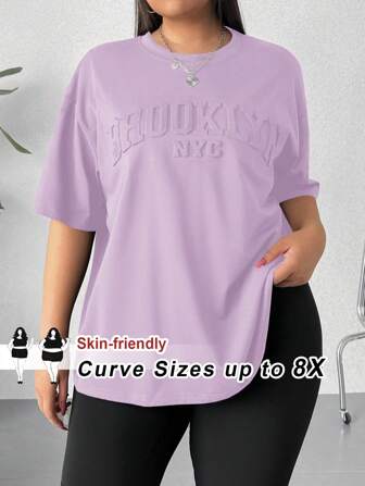SHEIN CURVE+ Curve Plus Size Women Brooklyn Letter Embossed Black T-Shirt Streetwear