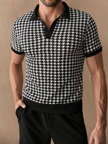 Manfinity NXTstreet 2pcs Men's Casual Herringbone Ant-Print Fitted Shoulder Polo Shirt And Straight Solid Color Shorts Set, Suitable For Daily Wear - Multicolor - View 2