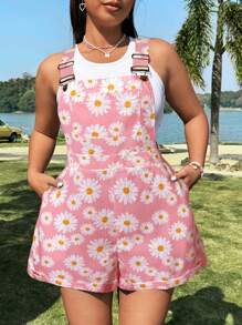 Flirla Plus Size Women Casual Daisy Printed Dungarees - Multicolor - View 3