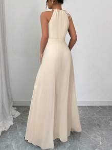 Elenzga 优雅通勤绿色V领系腰无袖雪纺拼接透视下摆连体裤，女款 - 杏色 - 查看 2