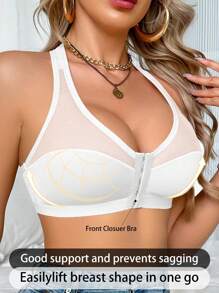 1 Pc Women's Wireless Mesh Splicing Front Closure Bralette - White - View 4