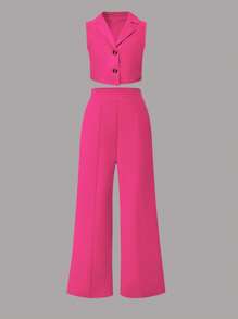 SHEIN Set de 2 piezas con chaleco de cuello de solapa y pantalones de un solo botonadura en unicolor para niñas preadolescentes