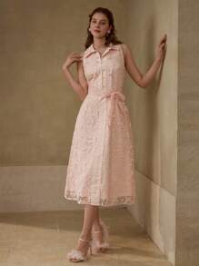 MOTF PREMIUM Vestido con cinturón con bordado floral - Rosa - Ver 4