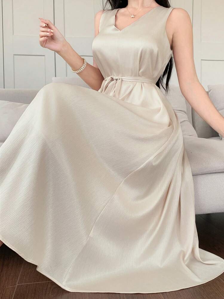 Women's V-Neck Sleeveless Satin Cinched Waist Waist Elegant Sexy Casual Party Midi Dress, Summer,Formal Women Dresses