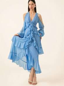 GENKIRA Romantic Italian Style Ruffle Deep V-Neck Ruffle Trim Chiffon Dress, Valentine's Day Elegant FashionableOld Money Style  For Summer - Blue - View 6