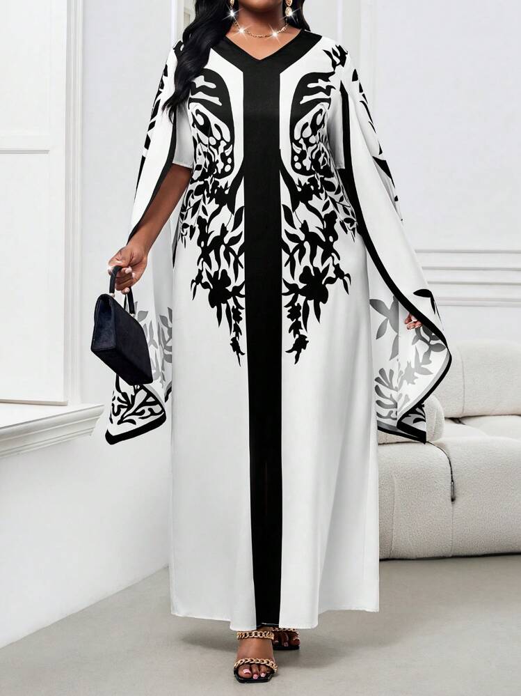 shein black and white maxi dress Lady Plus Size Dress: Elegant V-Neck Woven With Long Cape Sleeves And Front Slit Detail Princess Ball Gown Wedding Dress Dress the Population | Size:6-8Y