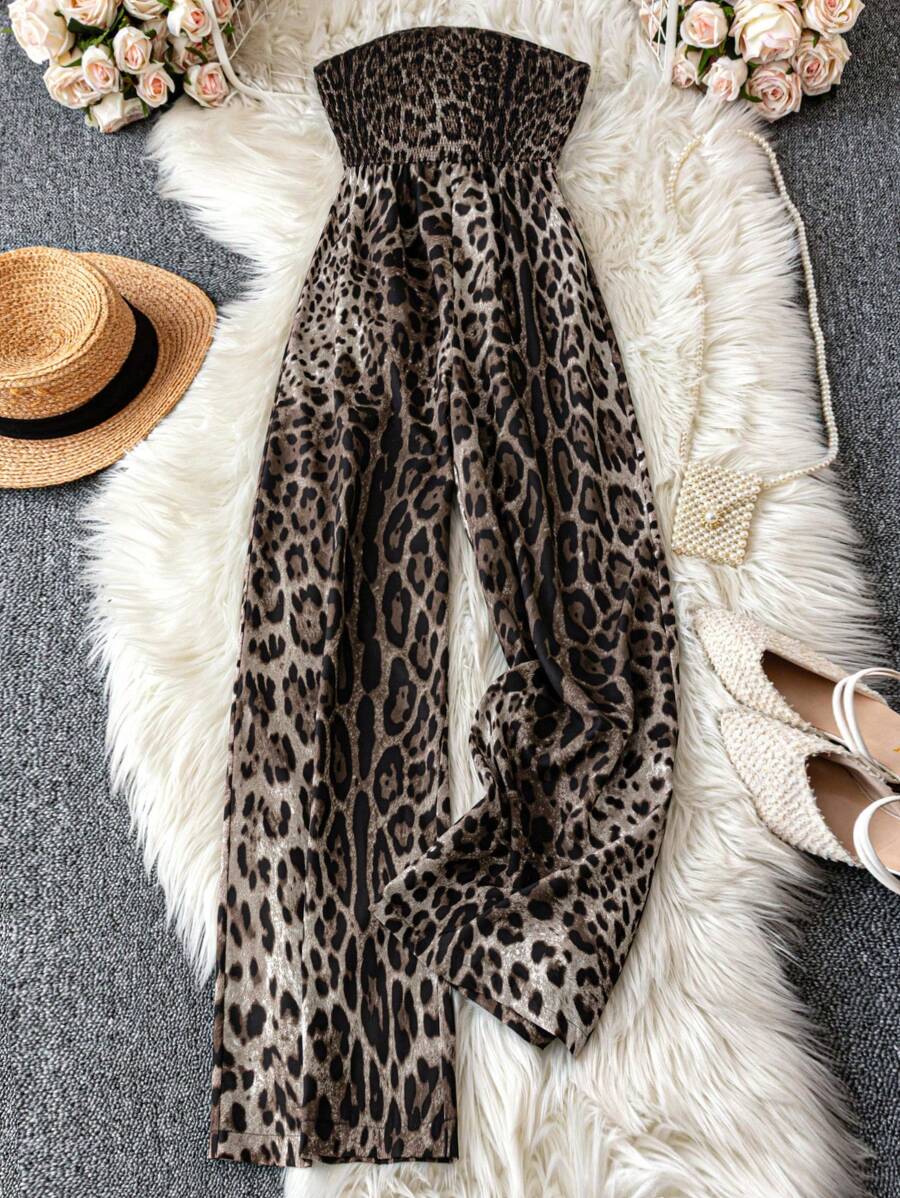 DreamSkyne Court Retro  Women Plus Size Strapless Ruched Leopard Print Jumpsuit, Summer - Brown - View 1