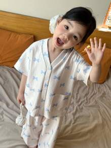 DAZY 小女孩蝴蝶结印花短袖纽扣上衣和裤子套装、睡衣、女孩夏季服装 - 米色 - 查看 7