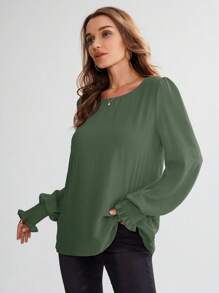 EMERY ROSE 圆领纯色褶皱喇叭袖衬衫、长袖上衣 - 橄欖綠 - 查看 5