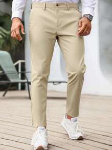 Manfinity Bizformal Men's Solid Color Suit Pants,Fashionable Khaki Summer Casual Business Office Clothes,Men's Dress Pants,Slim Fit Formal Suits Pants For Men - Apricot - View 2