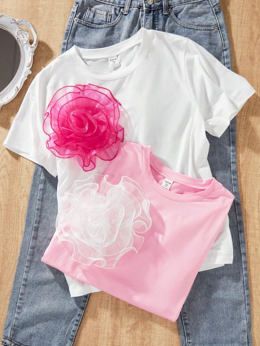 2pcs/Set Teens Girls Floral Decor Elegant Round Neck Knit Short Sleeve T-Shirt - Multicolor - View 1