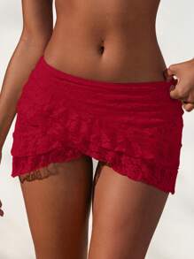 Swim Mod 女士优雅蕾丝双层荷叶边镂空半裙吊带背心 - 紅色 - 查看 3