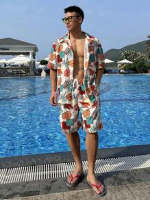 DAZY Summer Floral All-Over Print Beach Shirt And Shorts 2-Piece Set For Men - Multicolor - View 8