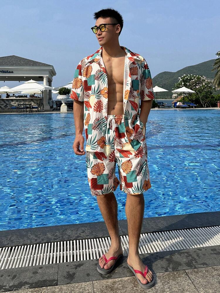 Summer Floral All-Over Print Beach Shirt And Shorts 2-Piece Set For Men