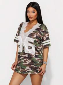 Zolique Knitted Camouflage With Perforated FabricEnglish Loose T-Shirt - Green - View 5