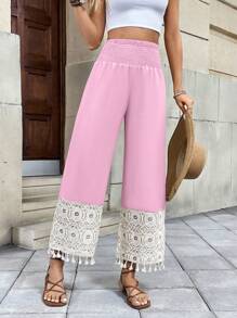 Chiquease Winter Casual Vacation Hollow Out Waist Wide Leg Pants - Pink - View 3