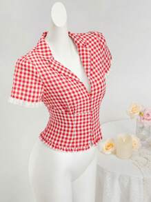 Sweetina 红白格子 V 领蕾丝拼接女式衬衫 - 紅白色 - 查看 5