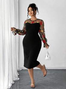 Elenzga Plus Size Elegant Black Dress With Floral Embroidered Tulle Sleeves And Round Neckline - Black - View 4