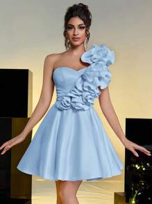 Lovelzi Elegant Romantic Ruffled Trim Strapless Flared Waist Party Cocktail Dress - Baby Blue - View 4