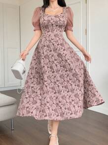 DAZY Đầm maxi nữ dáng dài ngang gối, tay phồng, họa tiết hoa, cổ vuông, chất liệu chiffon, phối nhiều mảnh vải, dành cho mùa xuân. - Hồng - Xem 7