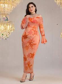 Modelyn Plus Size Floral Print Ruched Off Shoulder Elegant Long Sleeve Dress - Orange - View 4